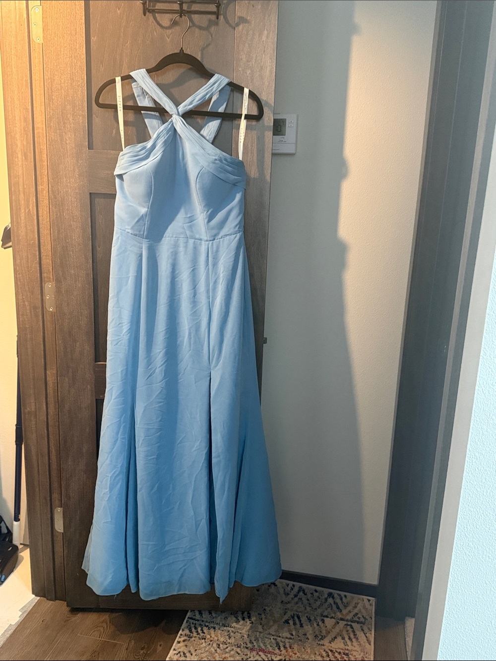 Azazie Rue Steel Blue Halter Crossback Gown